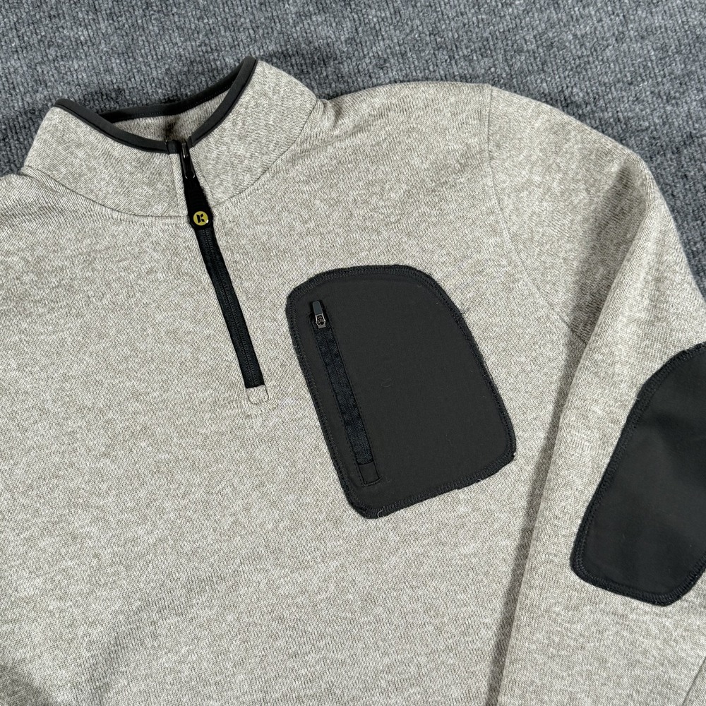 Kyodan Pullover Men Large Oatmeal Quarter Zip Sweater Elbow Patches Chest Pocket